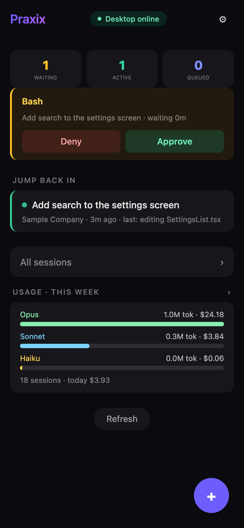 Praxix Remote on iPhone: one session active, one waiting on a Bash approval with Deny and Approve buttons