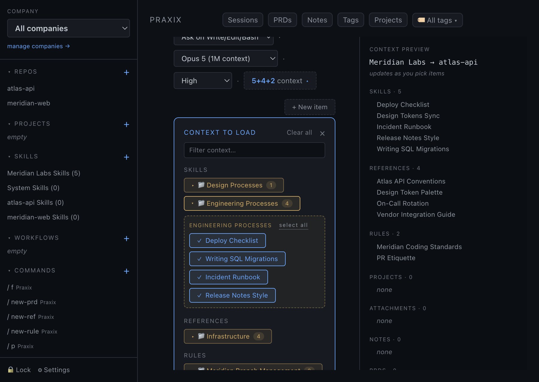 A Praxix session being composed — five skills, four references and two rules picked for one task, with the context preview on the right